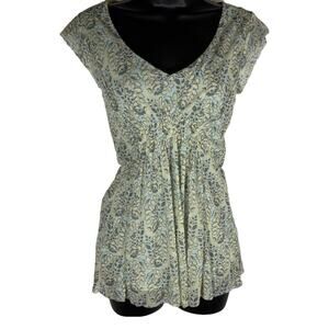 Y2K Mesh Top Floral in Aqua White and Gray Flowy Lined Small V-Neck Gems